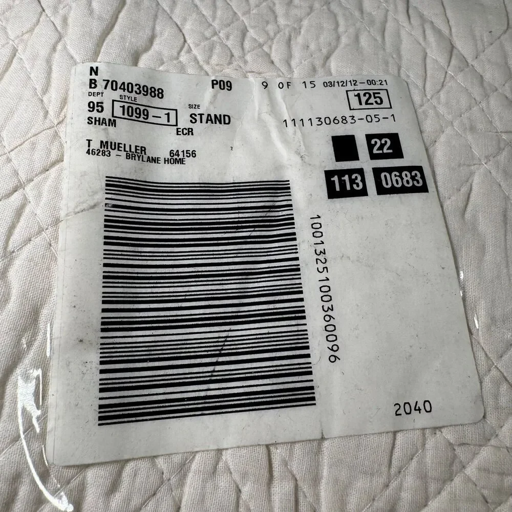 BrylaneHome BH Studio Reversible Quilted Pillow Sham Standard Cream White NWT